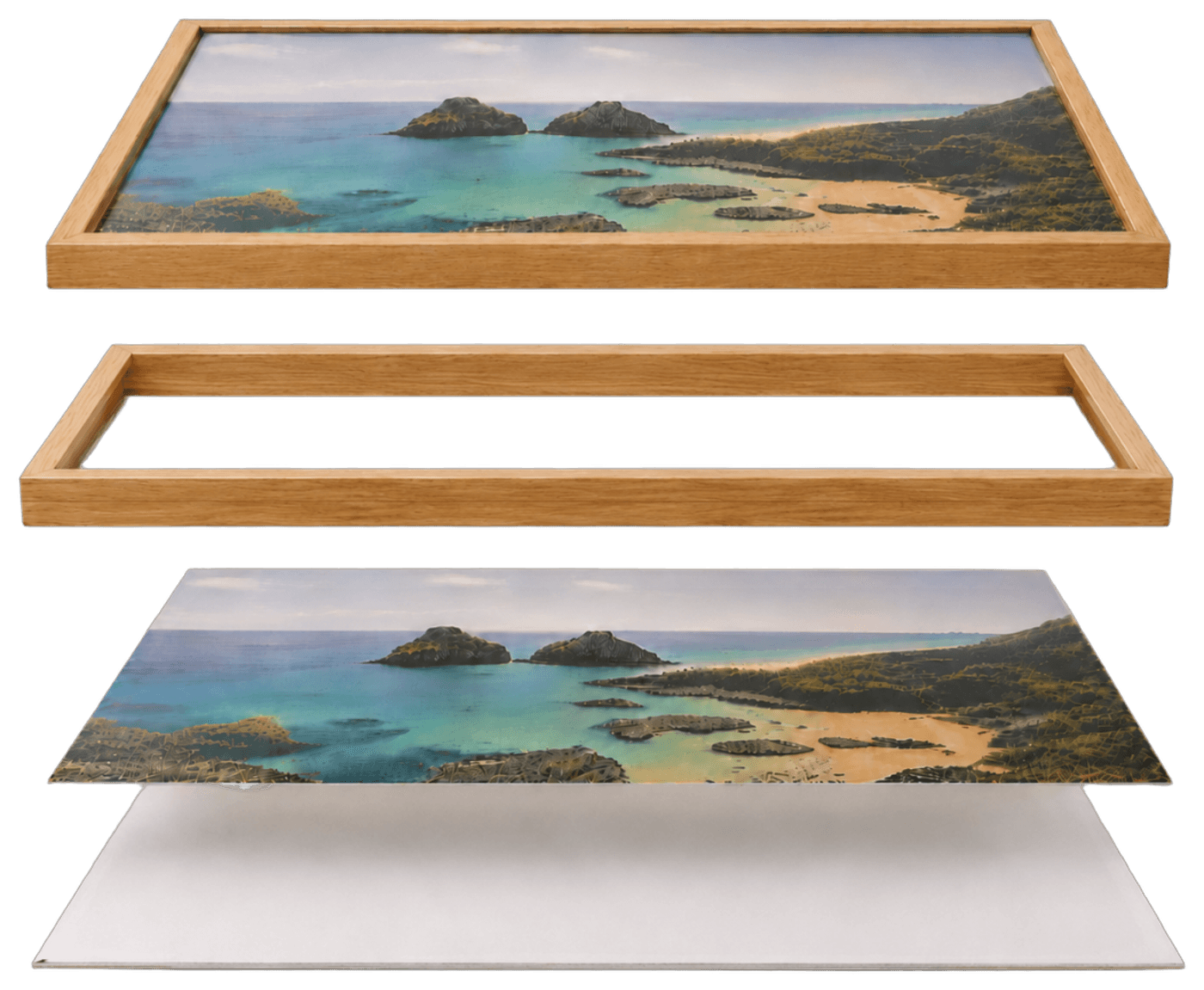 Vista explodida das camadas do quadro em vidro da OX Decor